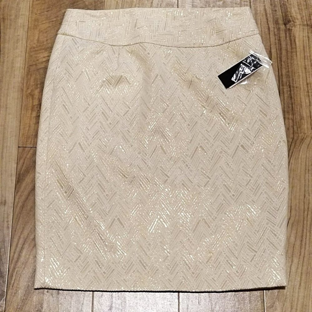 NWT PREMISE Petite Sz 8P Ivory Gold Metallic Lurex Skirt Womens Textured Pencil